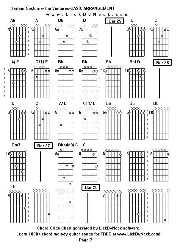 Chord Grids Chart of chord melody fingerstyle guitar song-Harlem Nocturne-The Ventures-BASIC ARRANGEMENT,generated by LickByNeck software.